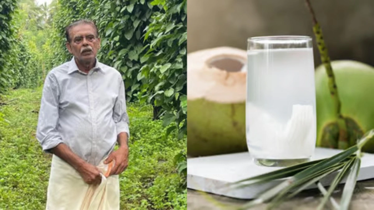 Sebastian P Augustine holding a bottle of India’s first tender coconut wine, brewed on his farm in Kasaragod, Kerala.