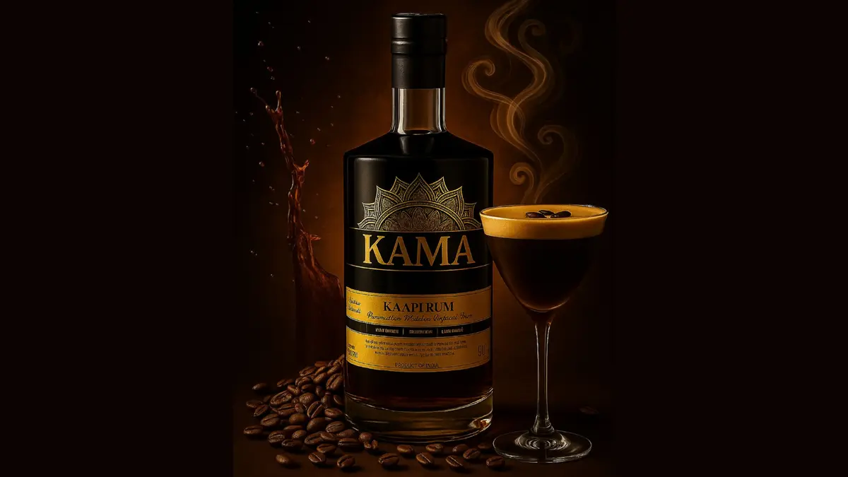 Bottle of Kama Kaapi Rum by Blue Ocean Beverages – handcrafted Indian coffee-infused rum made with Chikmagalur Arabica beans, premium craft spirit from India.