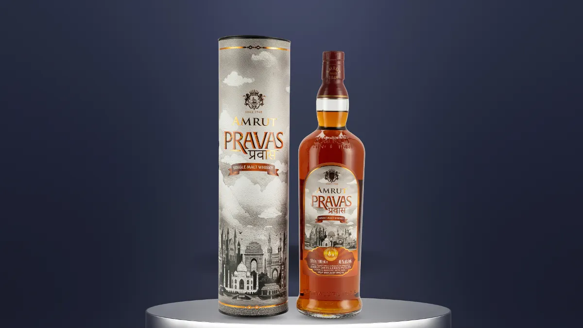 Amrut Pravas single malt whisky bottle launched by Amrut Distilleries at TFWA Singapore for exclusive global travel retail and duty-free markets.